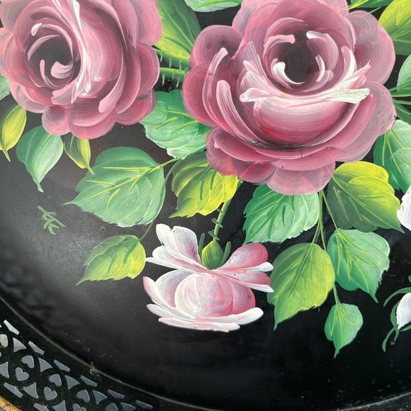 Vintage Pilgrim Art Tole Ware Metal Tray With Handles // Handpainted Roses 15.5" - Picture 4 of 10